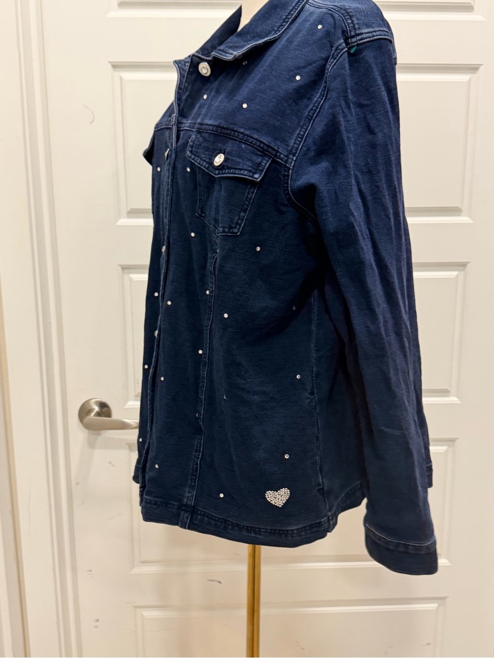 Dark Blue Rhinestone Embellished Stretch Denim Jacket - Women - Picture 6 of 8